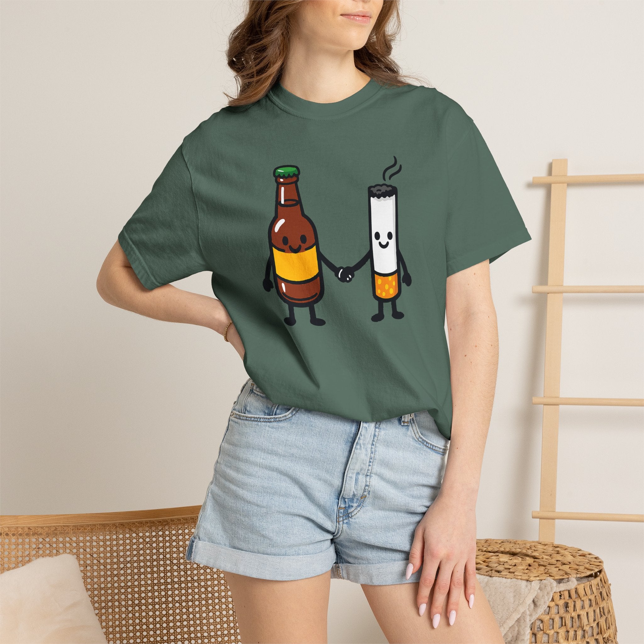 Beer & Cigarette Holding Hands - Graphic Tee
