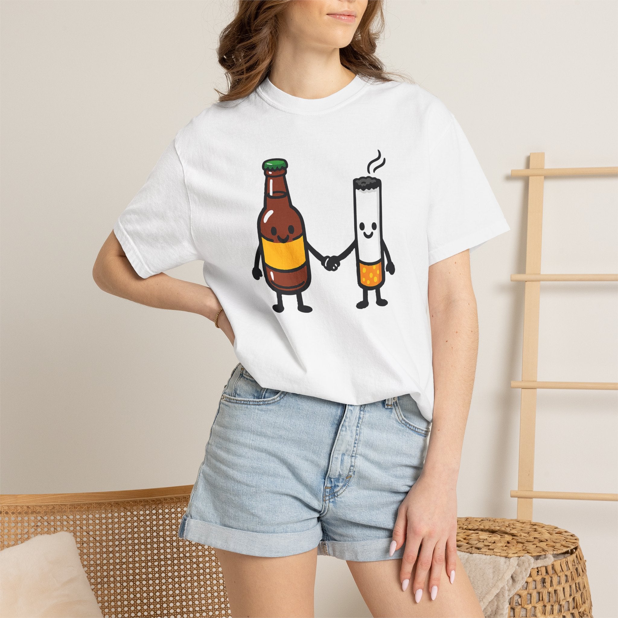 Beer & Cigarette Holding Hands - Graphic Tee