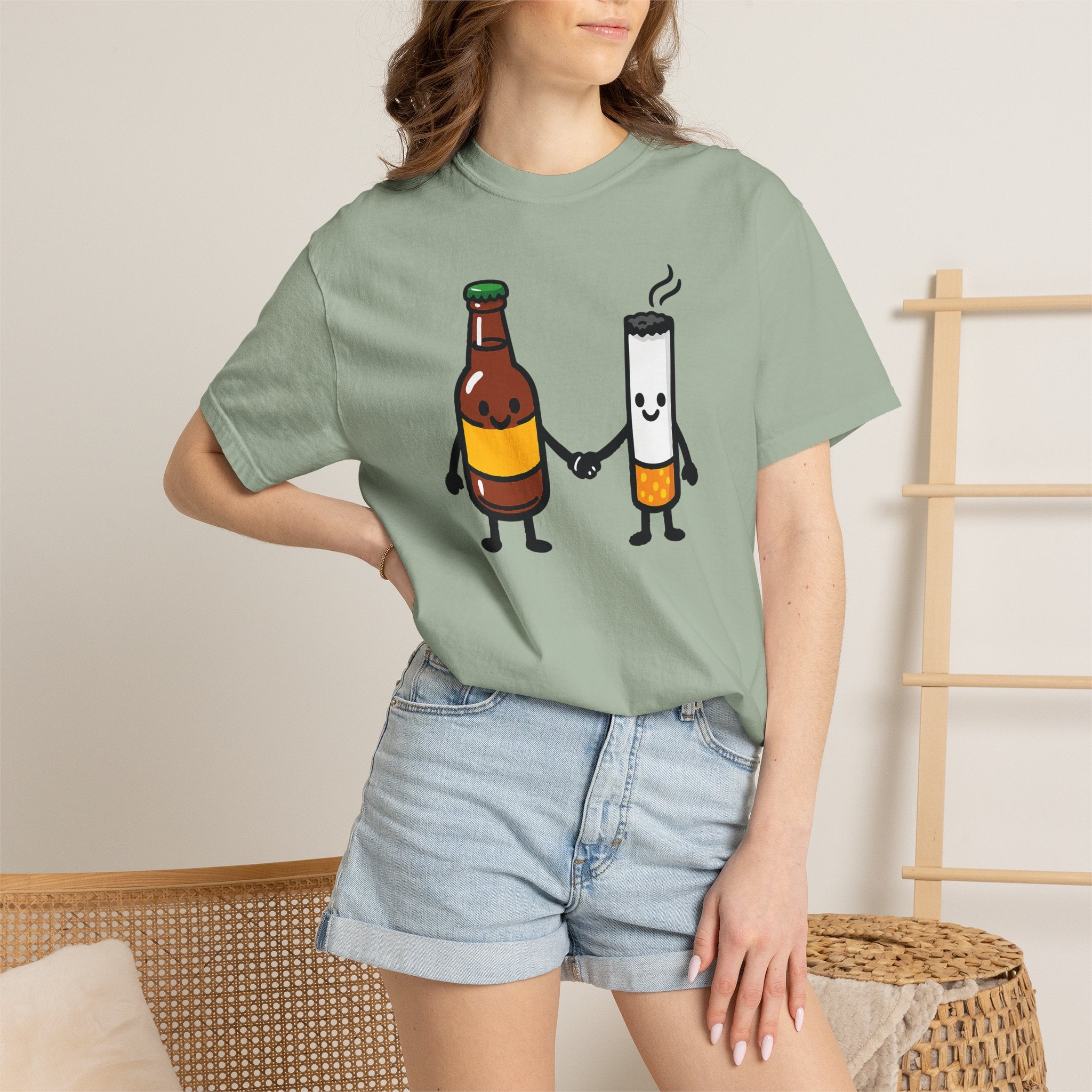 Beer & Cigarette Holding Hands - Graphic Tee